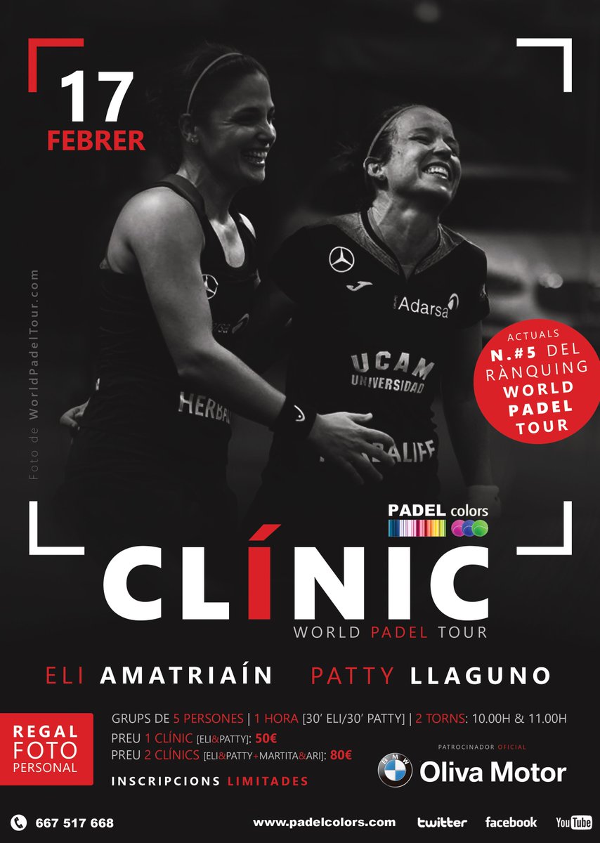 padelcolors's tweet photo. CLÍNICS World Padel Tour amb @eliamatri @pattytxu @martita_ortega i @asanchezfallada. Places limitades! No et quedis fora...😉#laliaremparda @BMWOlivaMotor @padelcolors https://t.co/dTzJtI7OYD