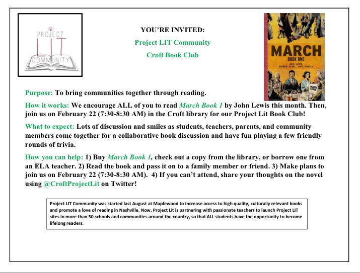 CroftProjectLit's tweet photo. Join us @ZooSchoolMNPS February 22 before school at 7:30 to discuss March Book One! @ProjectLITComm https://t.co/RxkBMM8C9m
