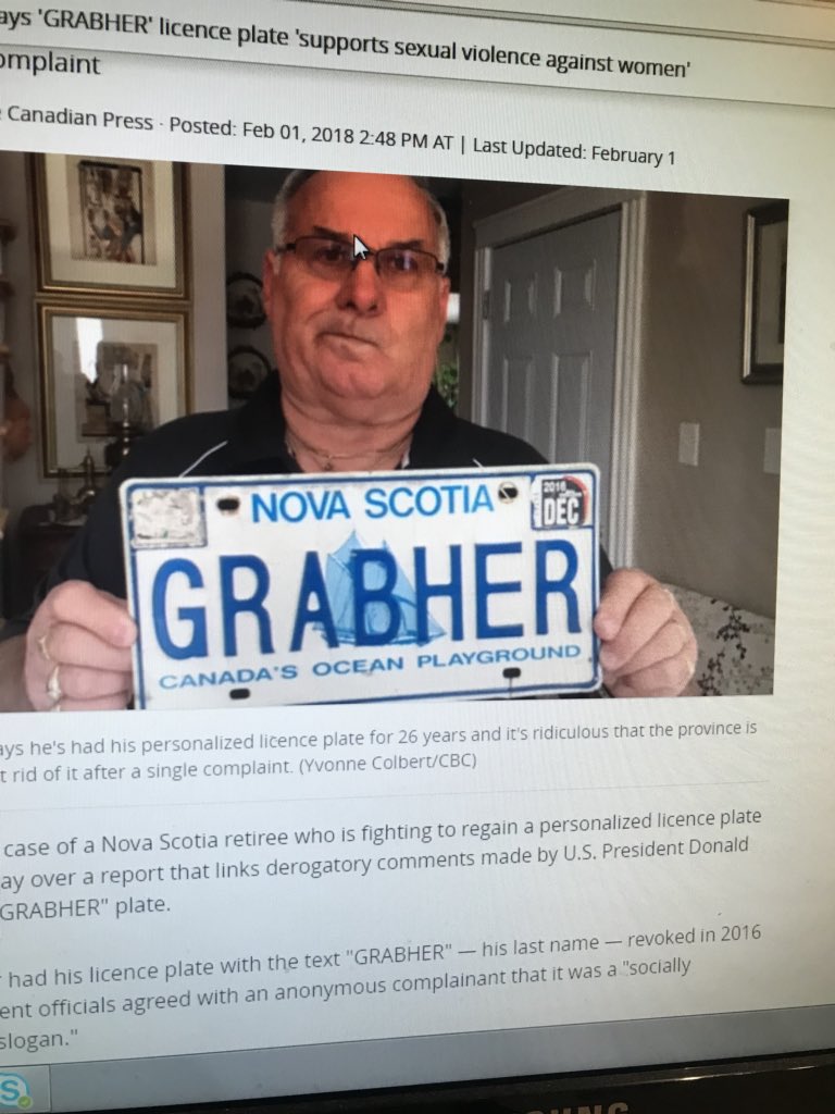 He’s last name is grabher and he’s license plate is grabher.  Is this offensive?