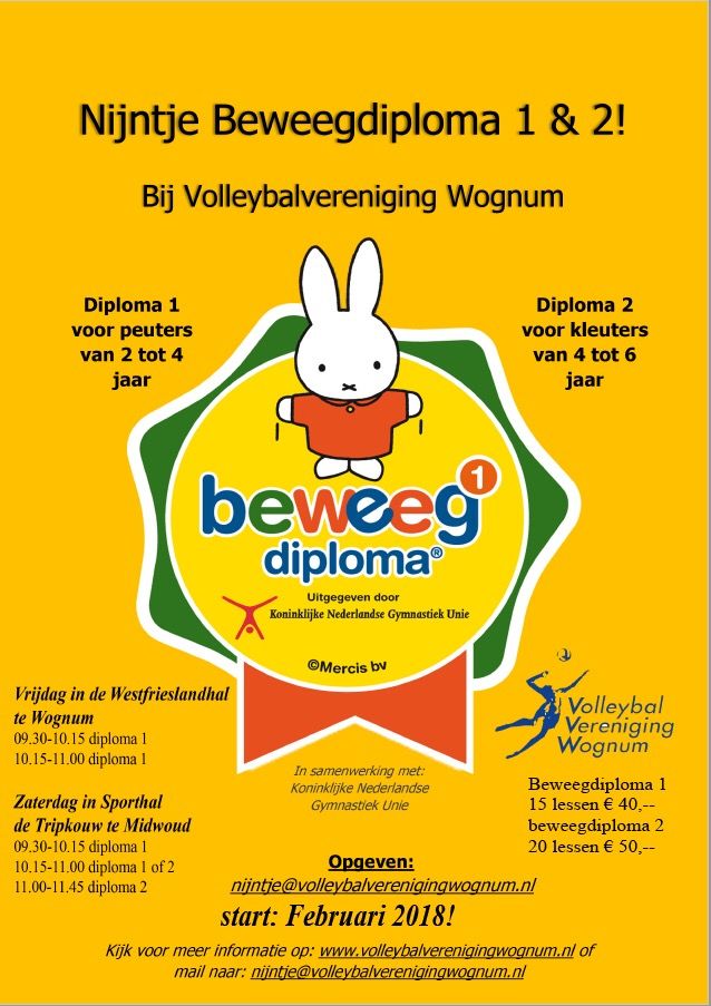 Volleybal Vereniging Wognum organiseert het Nijntje Beweegdiploma! Op de vrijdagochtend kan jouw peuter meedoen.