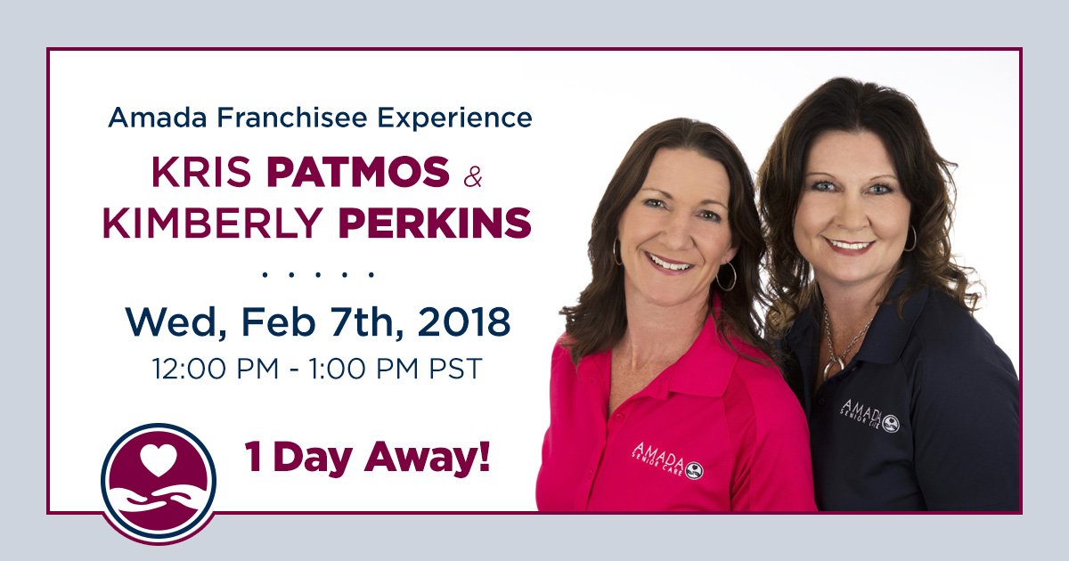 Join us tomorrow at 12 PM PST for a Q&amp;A with Kimberly Perkins-Akers &amp; Kris Patmos – the owners of Amada Senior Care Mesa! They will be telling you all about their Amada franchise experience. Sign up to see if Amada franchise is right for you. bit.ly/2E59BPE