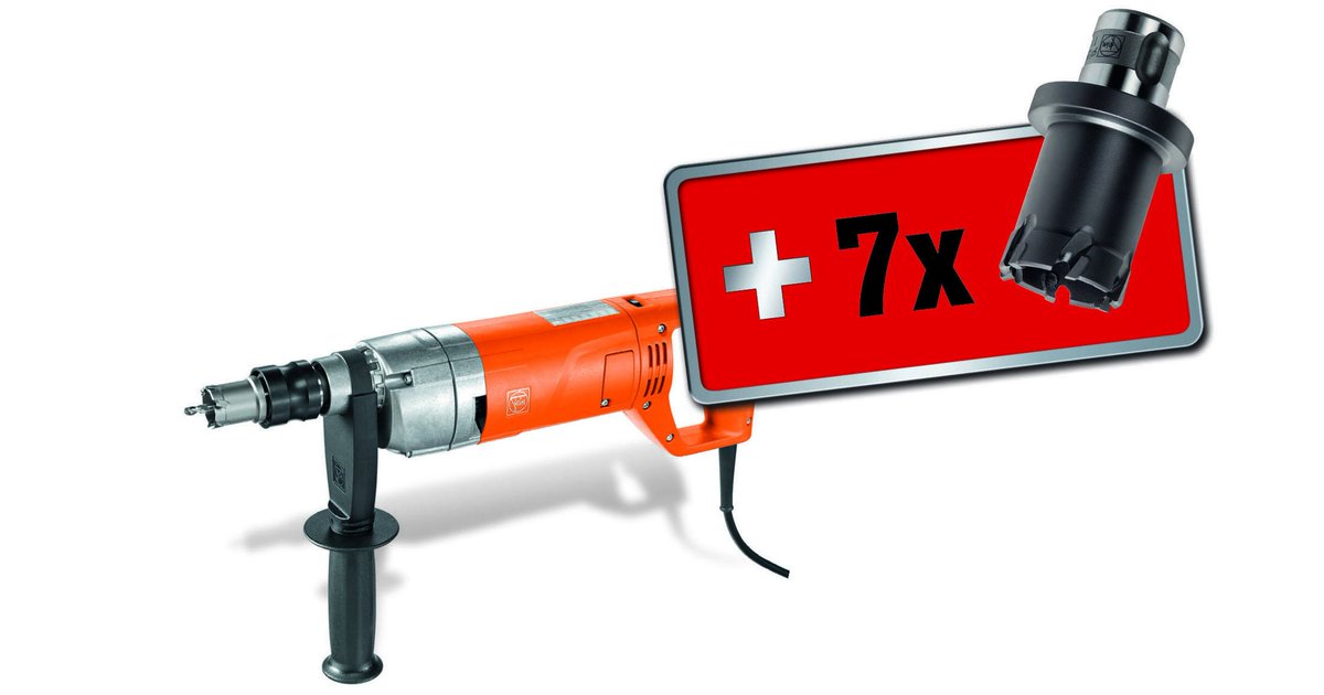 Kernbohren gefällig? Entscheidet ihr euch im ersten Quartal 2018 für die handgeführte 2-Gang-Kernbohrmaschine FEIN KBH 25-2 U, bekommt ihr sieben Kernbohrer gratis dazu. Wollt ihr mehr zur Aktion erfahren? Euer Fachhändler in der Nähe berät euch gerne. fal.cn/qcUB