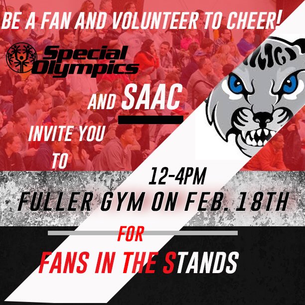 AnnaMariaSAAC's tweet photo. SAAC and Special Olympics is hosting their annual Fan’s in the Stands. February 18th 12-4 all are welcome! We want to fill the stands and help cheer on these amazing teams. Don’t miss out and let’s show them what AMCAT NATION is all about! https://t.co/5ToMAlH8cn