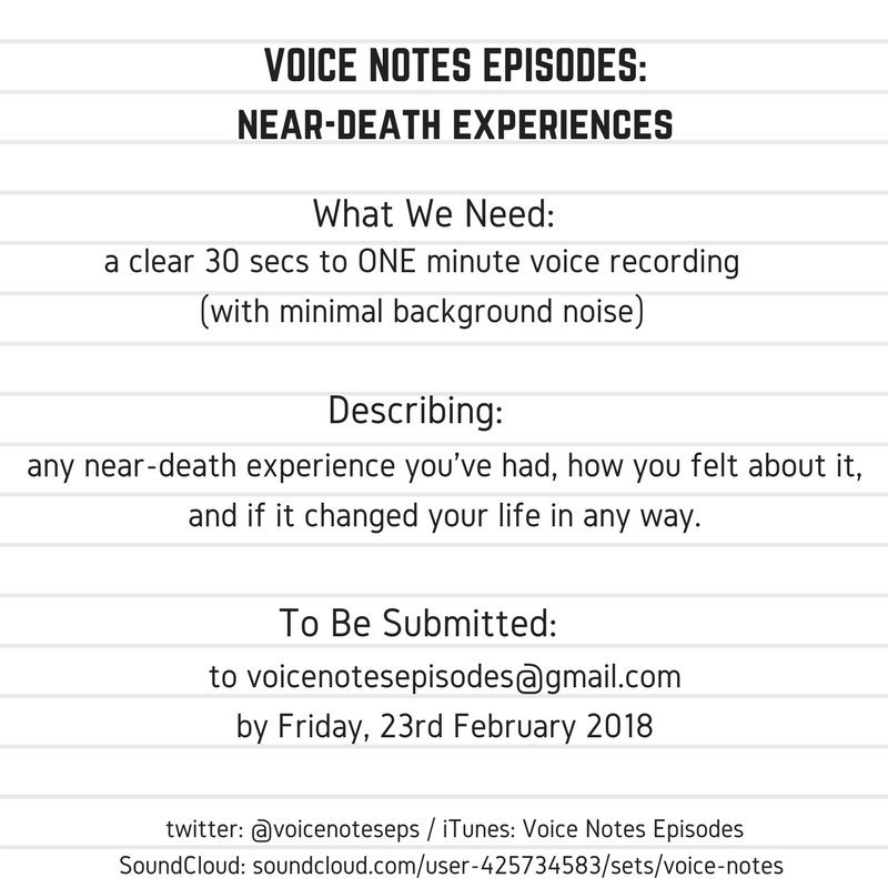 VoiceNotesEps's tweet photo. ☠️☠️ Here is it! We are talking about death, well.. near-death. We'd like to hear what you experienced in a close shave with death and if it changed you in any way. https://t.co/OOyrN8VzrW
