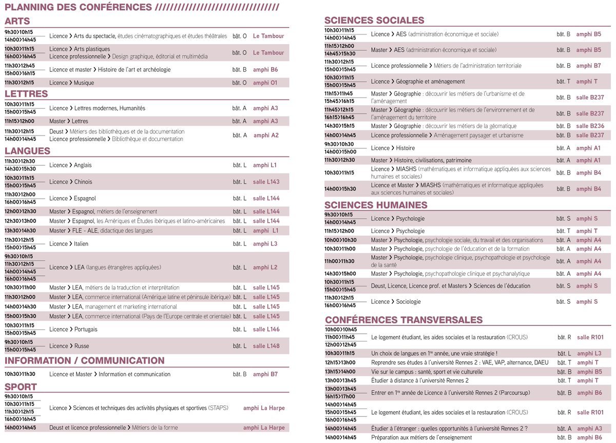 UnivRennes_2's tweet photo. Le planning des conférences sur nos formations ici. Ne ratez pas celles qui vous intéressent ! #JPORennes #CursusRévélateurs https://t.co/bJjtXcu6M9