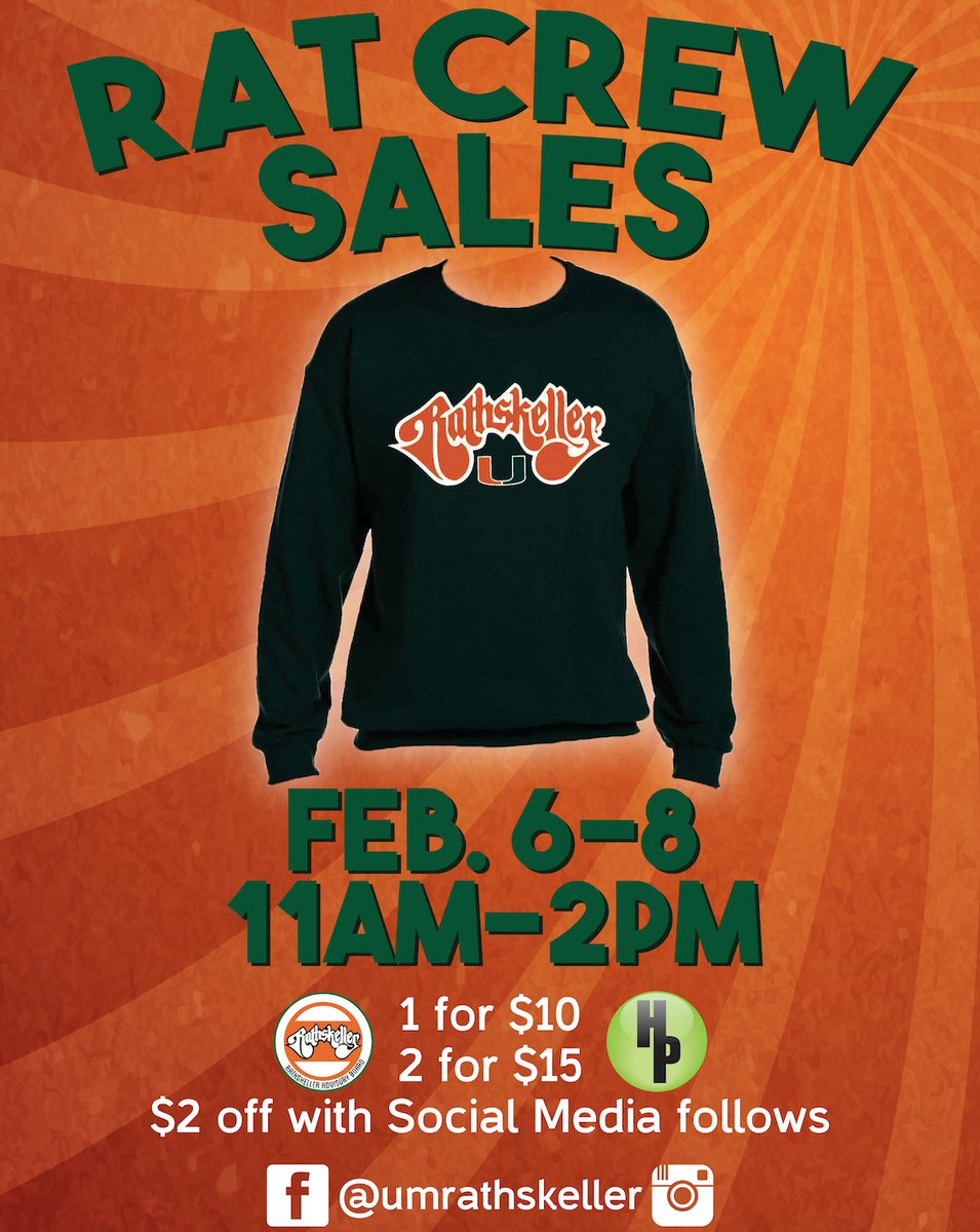 HPmiami's tweet photo. Crewneck Sales are back #attherat! Come by today though Thursday from 11-2 to get yours! $10 for 1 and $15 for 2 with a $2 discount if you follow us on Facebook and Instagram!! https://t.co/ksDVTapiD4