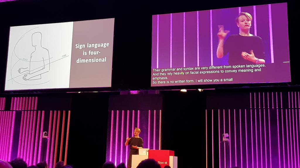 Excellent talk from @marievandries entirely delivered in #SignLanguage. "Nothing for us without us". Involve people from the #deaf community when you design for them.  Obvious really! #ixd18 #a11y #inclusivedesign #inclusion