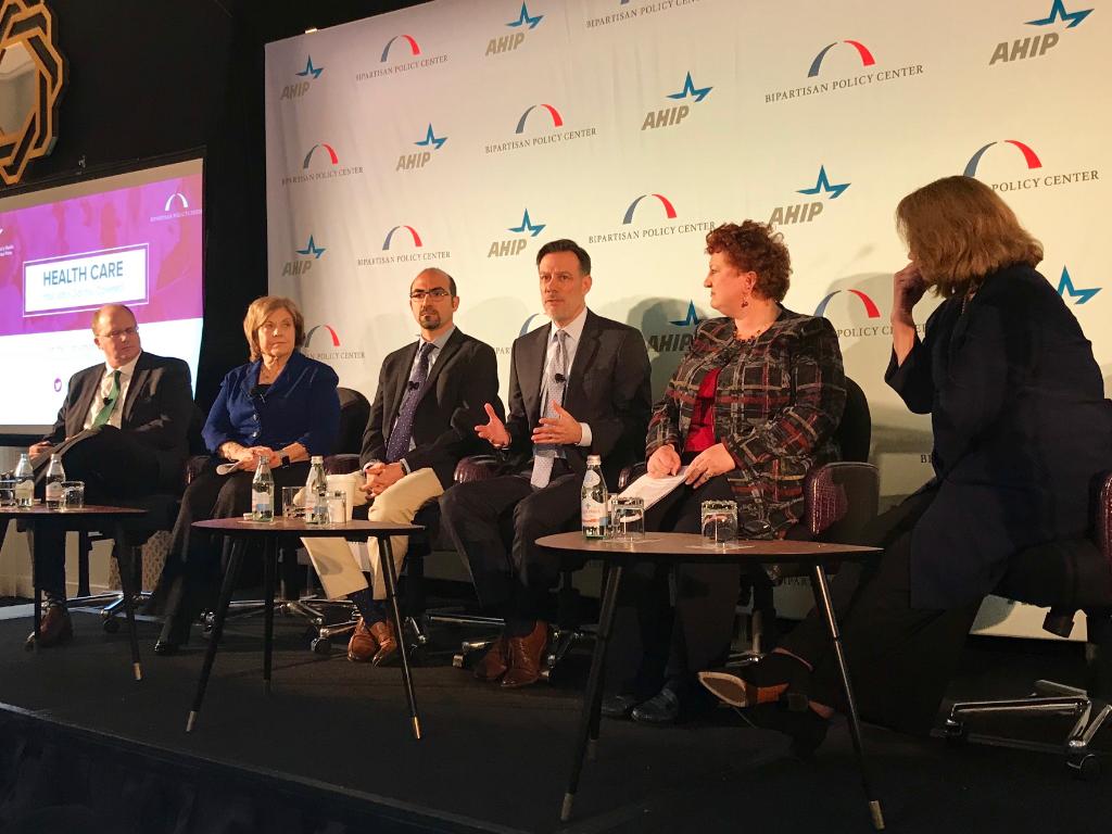 AHIPCoverage's tweet photo. It's all about #innovation in #EmployerCoverage: Moderator Janet Marchibroda of @BPC_Bipartisan, w/ panelists @MaryatHLC @mazi_abdo @Paula4Harvey @FendrickVBID @NBGHemployers https://t.co/4I7EIyMAQS