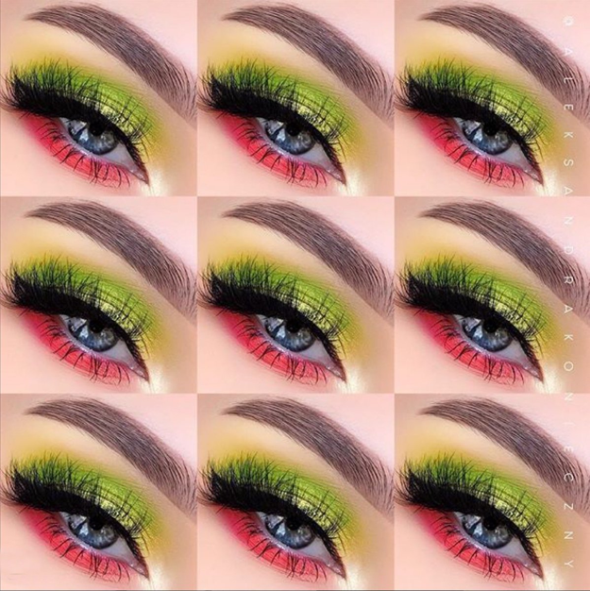 The TALENTED Alex @aleksandrakonieczny wearing our Mineral Shimmers in Neon Green, Hot Pink and Cherry   bellaterracosmetics.com