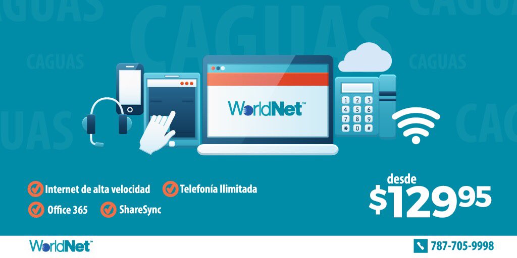 WorldNetPR's tweet photo. La mejor conexión para tu negocio llegó a #Caguas con paquetes de internet de alta velocidad, telefonía ilimitada a PR y USA, #Office365 y #ShareSync desde sólo $129.95*.
Llama al 787-705-9998 para más información.
*Oferta aplica en áreas de cobertura wireless de #WorldNetPR. https://t.co/uaHHIMtG0s