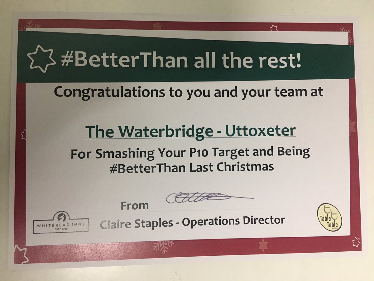 TheWaterBridge's tweet photo. Smashing our targets! Team Water Bridge doing Table Table proud 👍🏻 thank you @StaplesClaire @davies_steele 💚 #BetterThan #GoGreen https://t.co/iTGAWYVqPN
