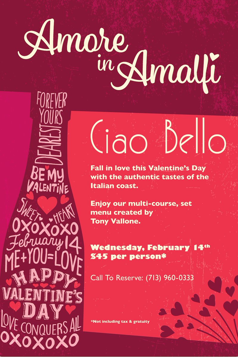 This Valentine’s Day, experience authentic Italian cuisine when you join us for our special Amore in Amalfi dinner. Reserve your table for two today! #ValentinesDay #Houston bit.ly/2BGkARe
