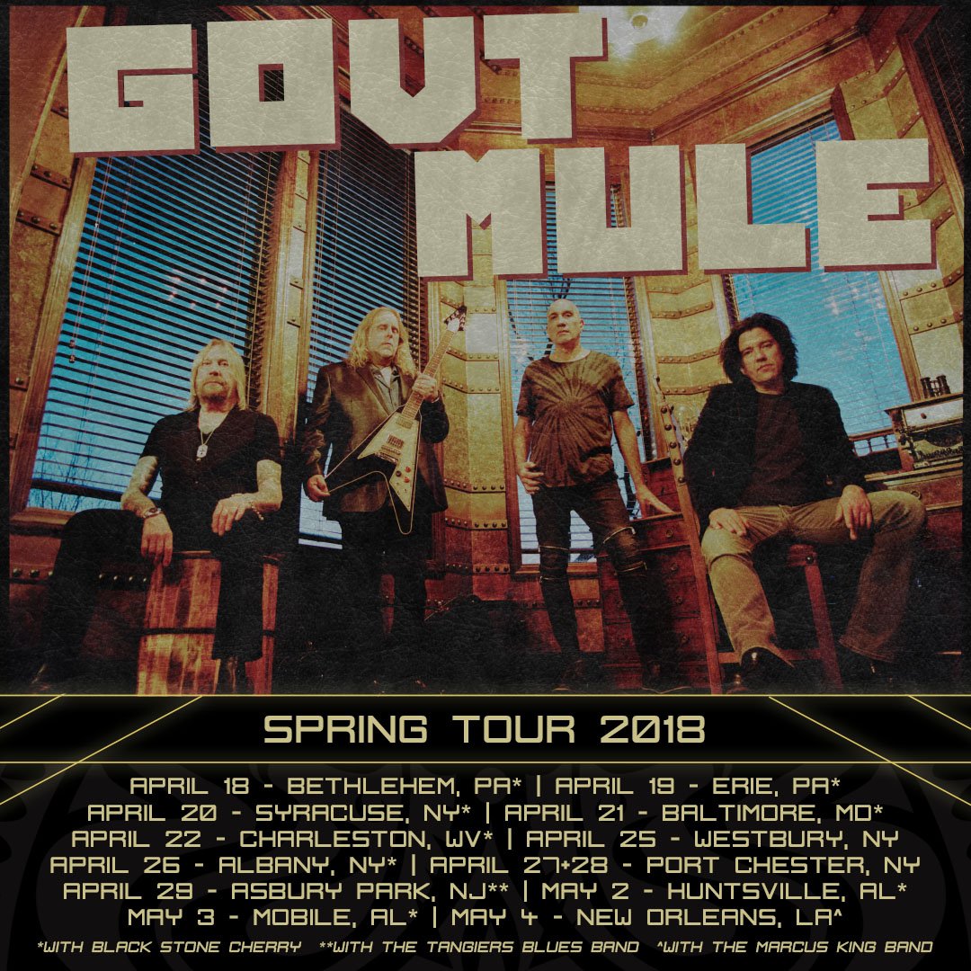 2018 Spring Tour Announced! Shows with <a href="/BlkStoneCherry/">Black Stone Cherry</a> @MarcusKingBand (NOLA!) and <a href="/TangiersBlues/">Tangiers Blues Band</a>. Pre-sale tickets available 12p ET tomorrow, tickets on sale Friday at Mule.net/upcoming-shows #GovtMule #WheresMyMule #Tour
