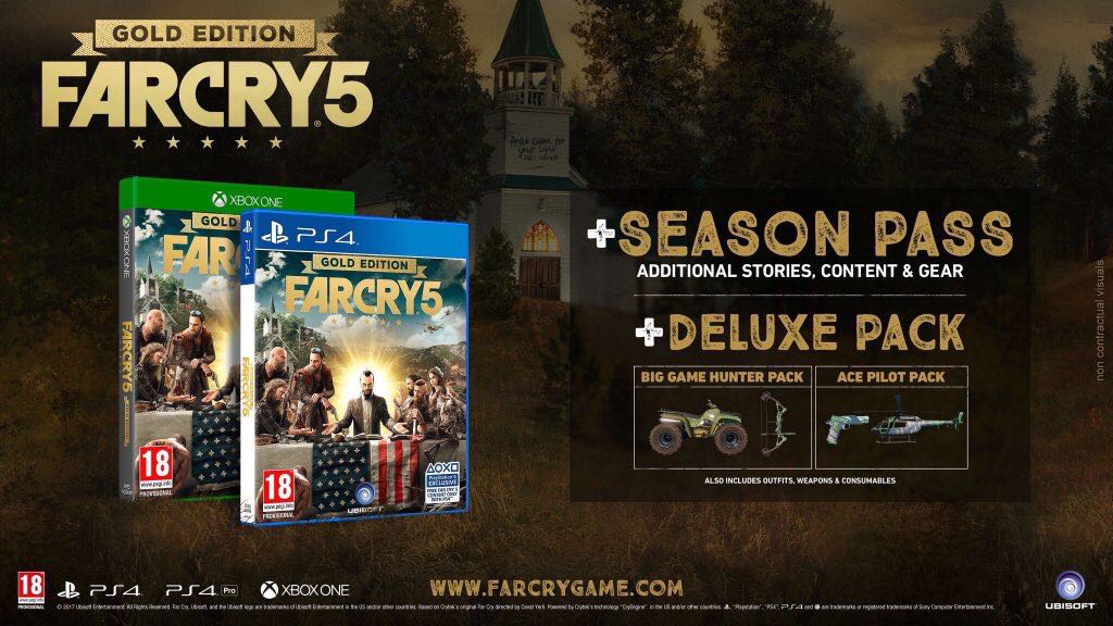 Pre-order #Farcry5 today
Upgrade to the Gold Edition and get
-FAR CRY 5
-The SEASON PASS
-The DIGITAL DELUXE PACK
-The BIG GAME PACK
-HUNTER PACK
-The ACE PILOT PACK
-The EXPLOSIVE PACK
-The CHAOS PACK
So much stuff included I struggled to stay in twitters word count
@DGMNorth https://t.co/deVQEz5WVI