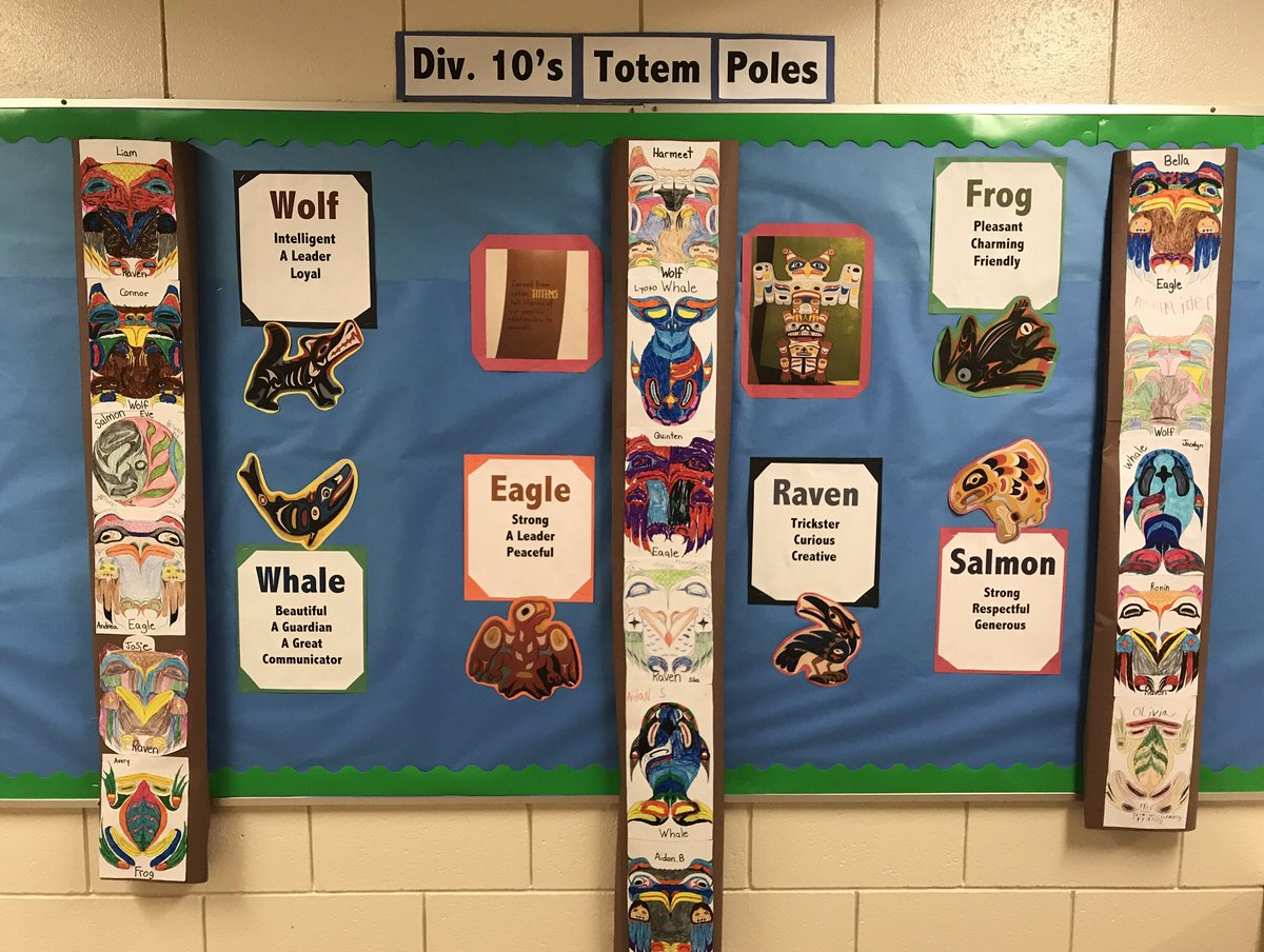 TessCharb's tweet image. Div 10 wrapped up their First People’s story telling unit with some identity art! Each student chose an animal to represent them in our class totems. #firstpeoplesprinciplesoflearning #SD42 #studentteaching @sd42news @sfueducation