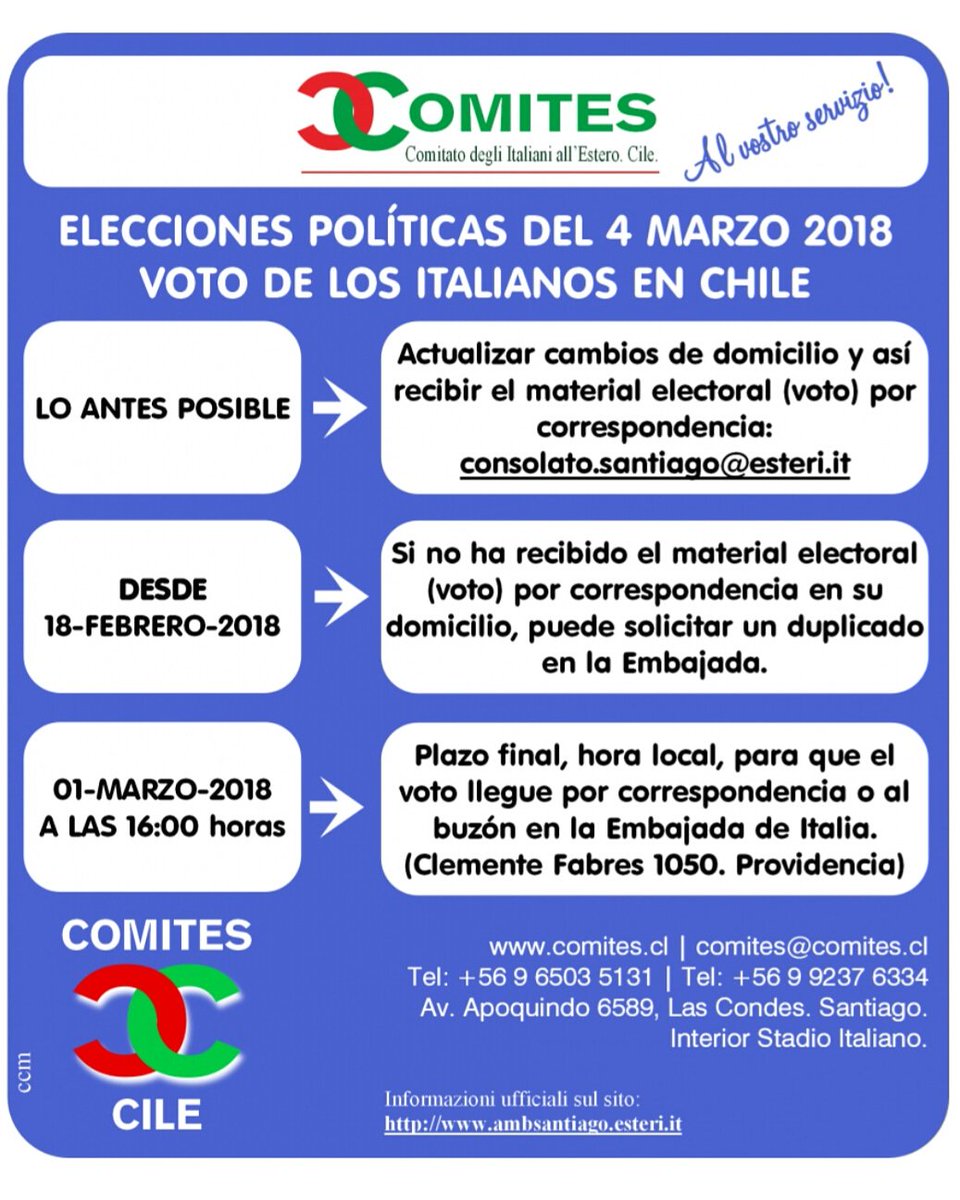 CurelliUnital's tweet photo. INFORMACIÓN MUY IMPORTANTE para la familia italiana residente en Chile. Es necesario que hagan todos los trámites a tiempo para que puedan participar de las elecciones. No se resten de este proceso, podemos hacerlo.
#unital
#curellicandidato #Chile #italochileno https://t.co/dDQGmWodPs