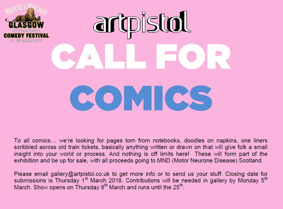 GlasgowComedy's tweet photo. CALLING ALL COMICS! Get involved in the #GICF18 Art Show with @artpistol... learn more: https://t.co/sCGHFUemHB https://t.co/I15rgW3lbS