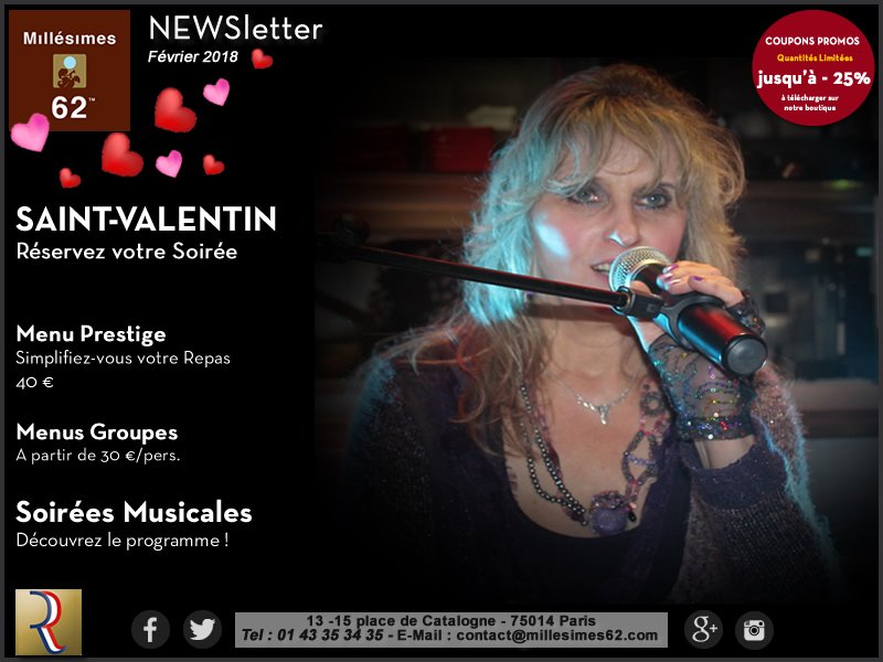 lademocratie07's tweet photo. En #Février vous ne viendrez pas au #Millésimes 62 sans #bonnesraisons !
https://t.co/eA6bidrOuM
#millesimes62 #valentinesday #resto #paris14 #amour https://t.co/YSsoLuW9Pz