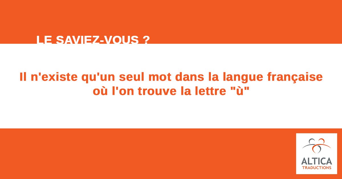 AlticaTrad's tweet photo. Certains accents de la #langue #française ont une fonction distinctive. Mais savez-vous qu'il n'existe qu'un seul mot dans la langue française où l'on trouve la lettre "ù"? Et où se trouve-t-elle? Ici même : où. https://t.co/08B0nmHIz9