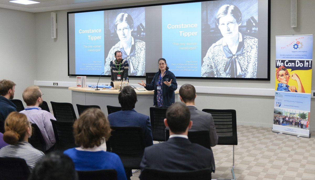 TheTipperGroup's tweet photo. A glimpse of today's #TipperTalk,presented by @paulcoxon, on the picture with Dr Philippa Moore of @TWI_Ltd. Constance Tipper's work in #Engineering at @cambridge_eng helped understand the ductile to brittle transition curve for the toughness behaviour of steel #InspireAnEngineer https://t.co/Q3lQLPdKUy