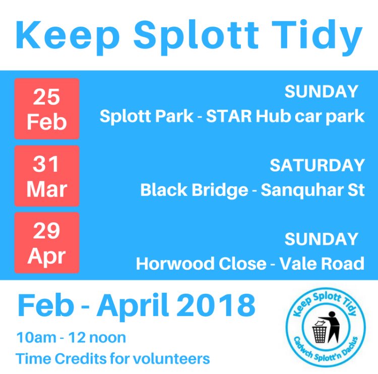 KeepSplottTidy's tweet photo. Diaries out folks! We’ve only gone and planned ahead! Here are the dates and meeting points for the next three #KeepSplottTidy litter picks. 10am to 12noon, all equipment provided & Time Credits for #volunteers. Come meet your neighbours & keep our bit of #Cardiff tidy! #Splott https://t.co/ucmoMtCWCR
