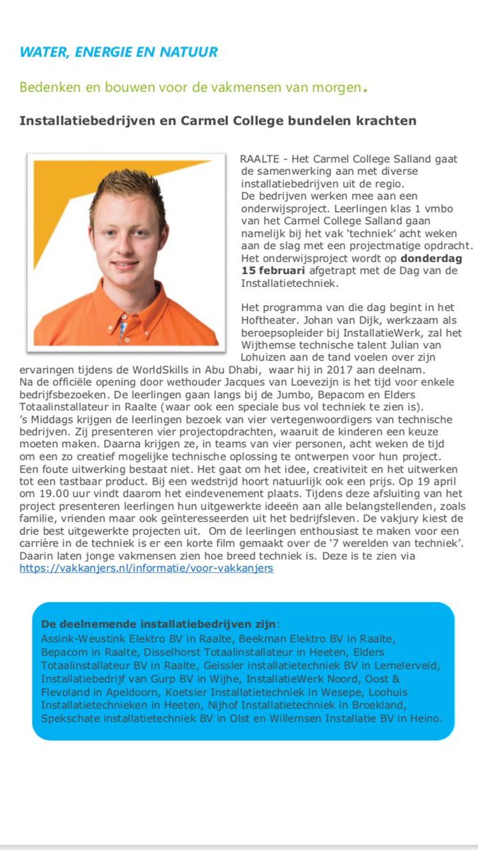 15 februari dag van de #installatietechniek in Raalte met superprogramma voor bijna 60 vmbo leerlingen. Een gezamenlijk initiatief van het <a href="/Carmel_Salland/">CarmelCollegeSalland</a> en enkele lokale installatiebedrijven. Ook wij en <a href="/WillemsenInstal/">WillemsenInstallatie</a> doen mee.