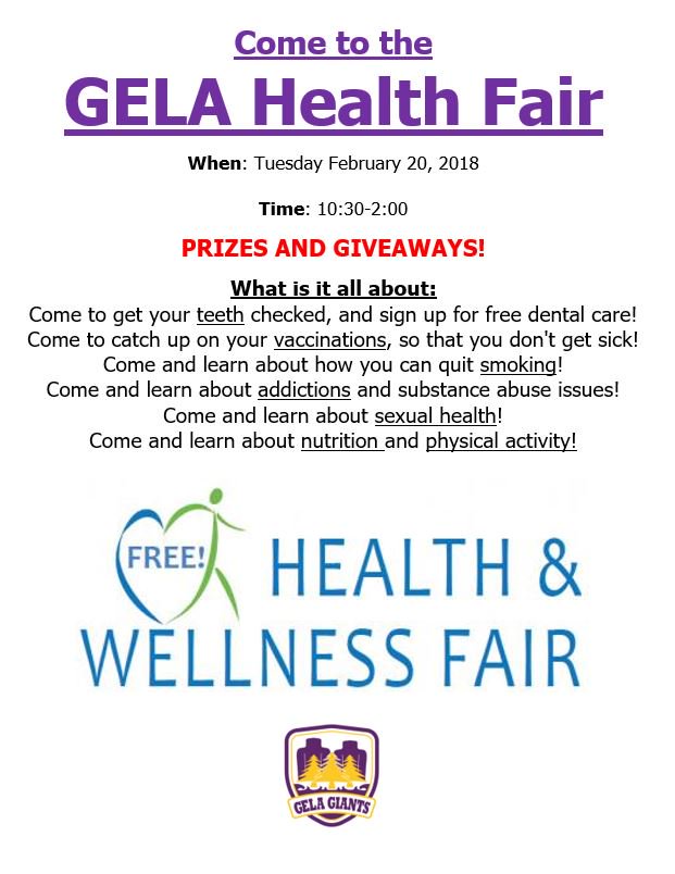 Coming Soon to GELA!  The @BrantHealthUnit Health and Wellness Fair! Learn about vaccinations, dental health, sexual health, addictions and nutrition! Tuesday, February 20. <a href="/mmalcolm16/">Matthew Malcolm</a>