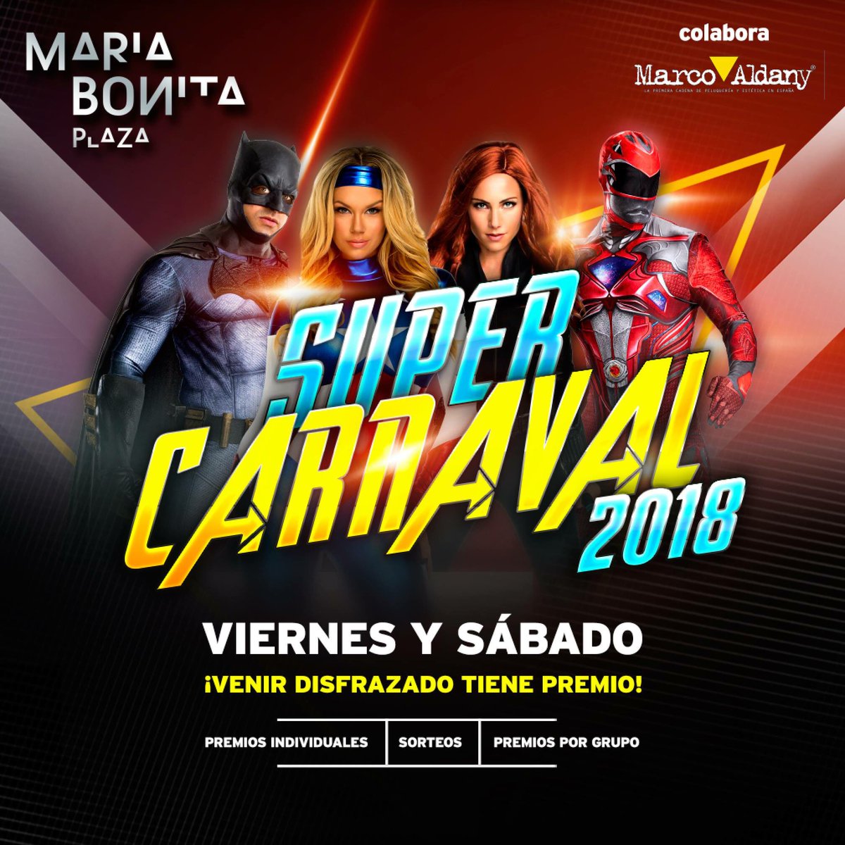 ¡¡BIENVENIDOS AL SUPERCARNAVAL 2018 en MARIA BONITA PLAZA, HOME OF THE CACHIMBA!!  Hay premios para grupos, premios individuales, sorteos para los que no tengáis premio... y HAY AMBIENTAZO!  🙋‍♀️😍🕺💃😅 ¿¿nos sorprenderás con tu disfraz??
Colabora: @marco_aldany_caceres