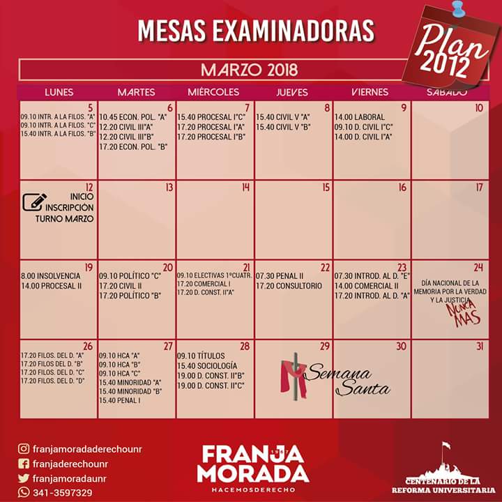 FranjaMoradaUNR's tweet photo. #MesasExaminadoras
#Plan2012 

Te dejamos las mesas examinadoras de los turnos febrero y marzo así te organizas para estudiar y rendir!!

#FranjaMorada https://t.co/2GQRv2L8wo