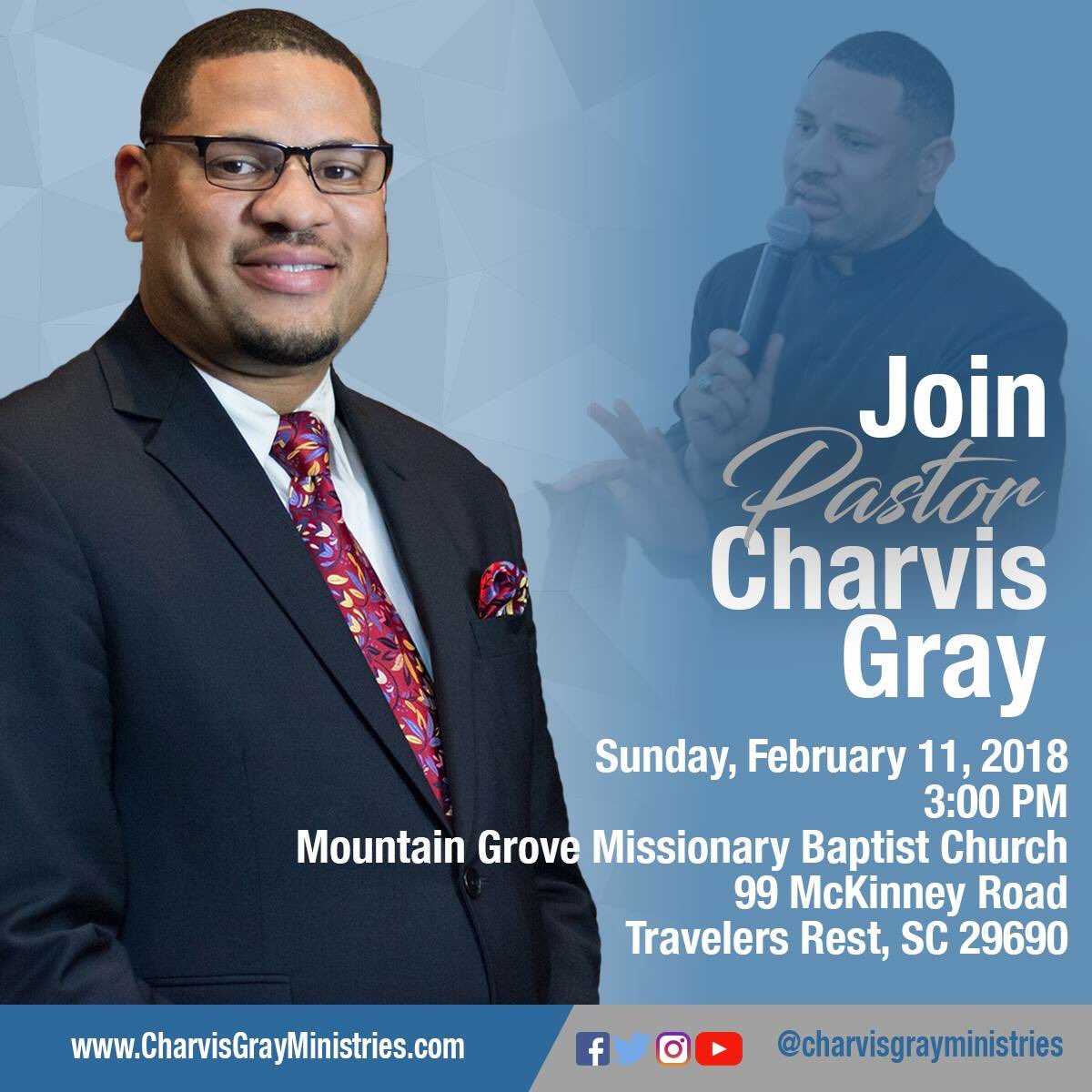 CharvisGray's tweet photo. Help me celebrate Pastor Hall’s 6th Pastoral Anniversary this Sunday at Mountain Grove Baptist Church https://t.co/djwwETjk9T