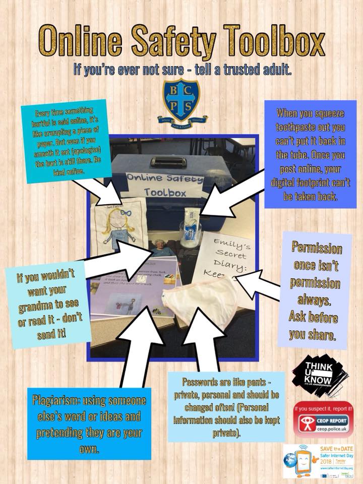 Our online safety toolbox from today's assembly #SID2018 #saferinternet#safetinternetday2018 #itstartswithus
