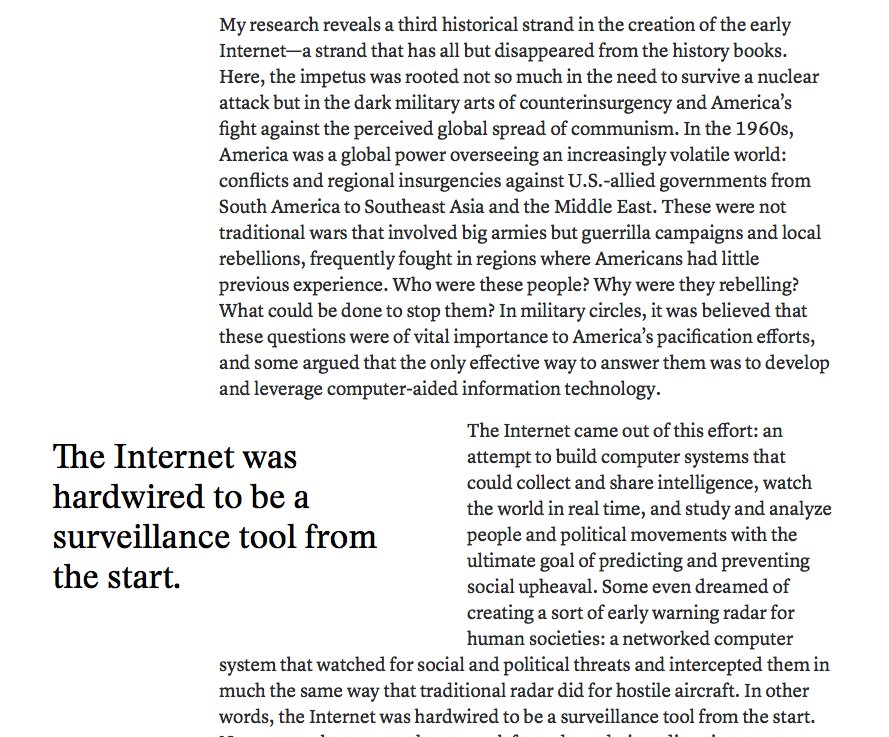 "Some even dreamed of creating a sort of early warning radar for human societies: a networked computer system that watched for social and political threats and intercepted them in much the same way that traditional radar did for hostile aircraft."