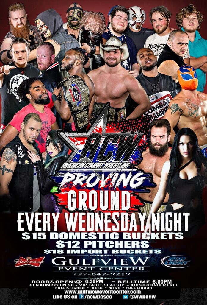 ACWProvingG's tweet photo. This Wednesday Night, ACW Proving Ground will be live at The Gulf View Event Center (9409 US Hwy 19, Port Richey, FL 34668)!

Doors Open at 6:30 PM. Bell time at 8:00 PM. Food and beverage available!

Already announced for this week’s ACW Proving Ground: https://t.co/QviJ0RHCzT