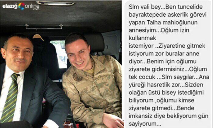 mulkidarehaber's tweet photo. Rizeli anne, Tunceli'de askerlik yapan oğlu için "Benim yerime oğlumu ziyarete gider misiniz?" diye mesaj attı, Tunceli Vali/Beleidye Başkanı Sonel de mesajı alır almaz askerimizle bir araya gelerek annesiyle görüntülü konuşmasını sağladı. https://t.co/Jd36L4YVEm
