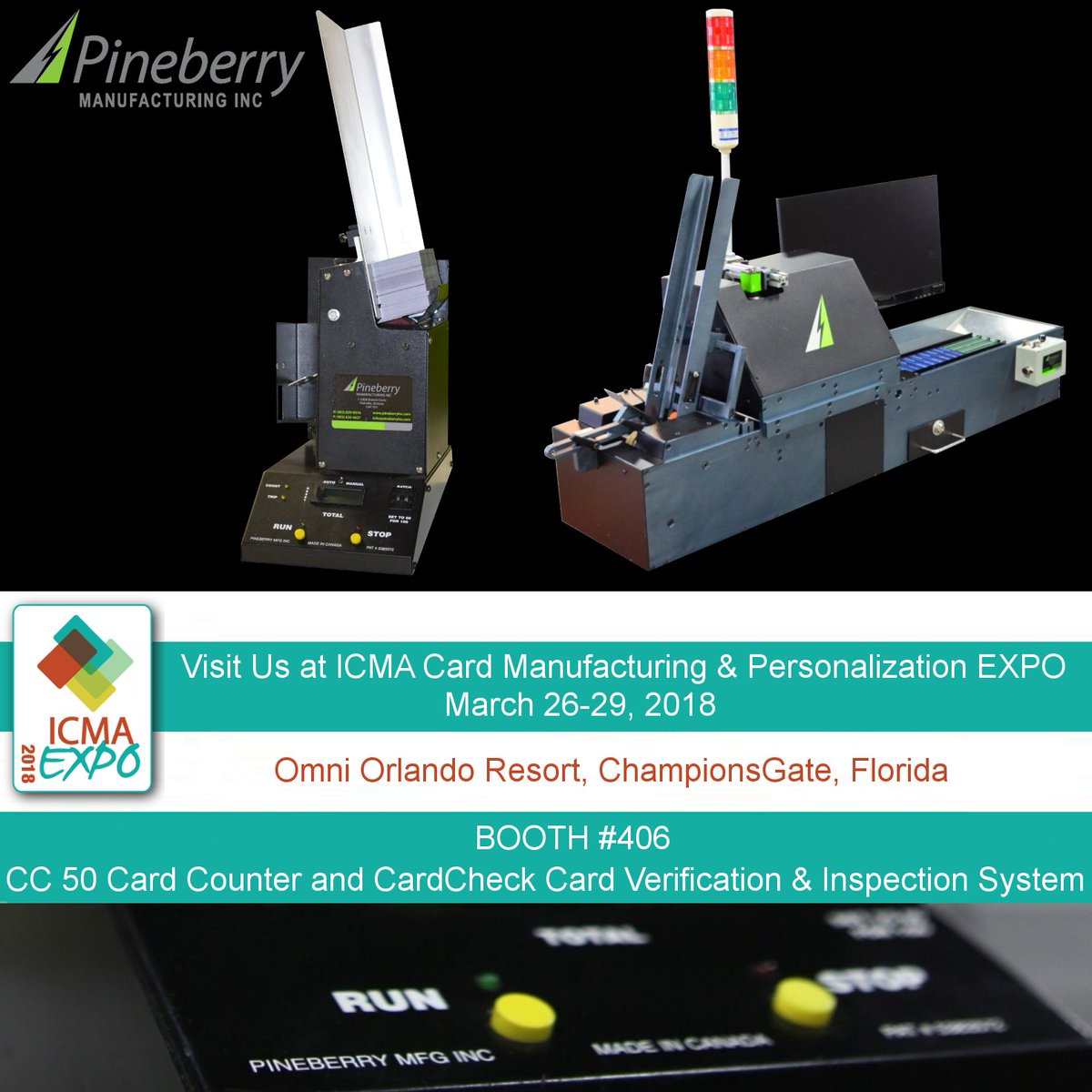 PineberryInc's tweet photo. We'll be live on location next month at @ICMATweets ICMA Card Manufacturing &amp; Personalization EXPO – March 26-29 in #Florida. We’re showcasing our CC 50 Card Counter and the CardCheck Card Verification &amp; Inspection System. #ICMAEXPO #CardCounter #CardVerification #CR80card https://t.co/P3jiU9RADa