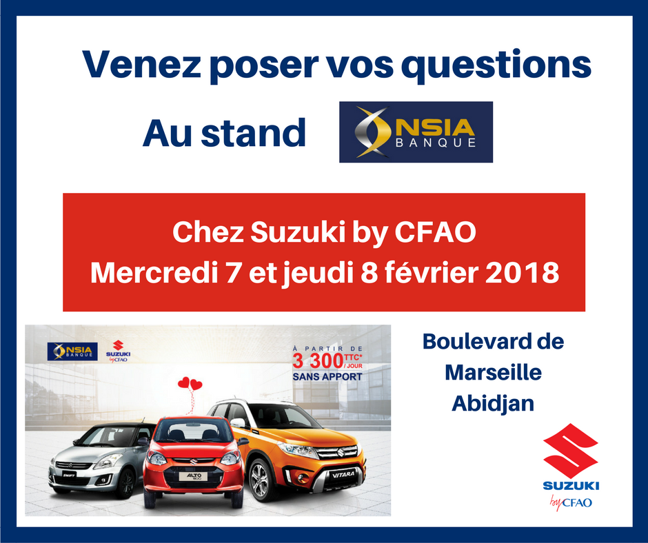 ➡️RDV demain et jeudi à Suzuki By CFAO, boulevard de Marseille, pour tout savoir de l'offre de financement NSIA Banque. On vous y attend 🙂 #civ #abidjan #team225 #kpakpato #civ225 #ci225 #suzukibycfao <a href="/SuzukiCIV/">Suzuki By CFAO CI</a>