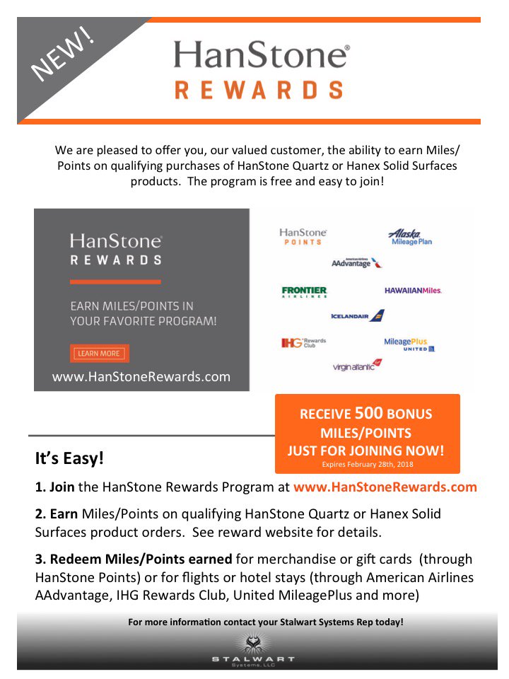 STALWARTweets's tweet photo. Have you heard?! You can now earn rewards just by specifying Hanstone Quartz or Hanex Solid Surface on your projects! It's easy as 1, 2, 3... sign up today! #HanstoneQuartz #HanexSolidSurface #StalwartSystems #RewardsProgram #ExplorePossibility #HandlesLifeBeautifully https://t.co/Sgy6tMkYPd