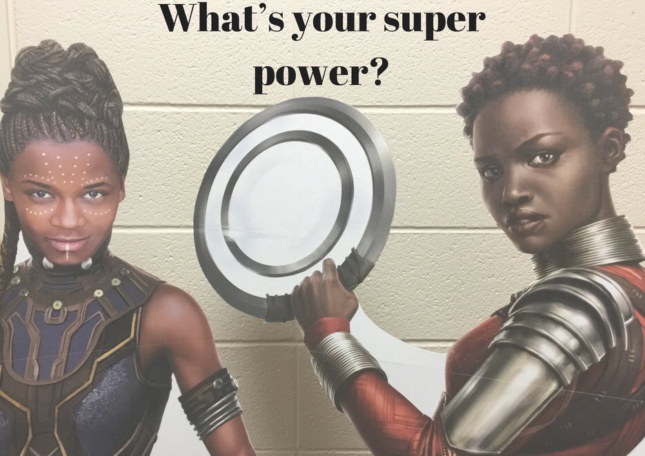 WSUSOMDIVERSITY's tweet photo. What’s your super power? Stop by for your photo op with Nakia or Shuri from Marvel’s upcoming movie, #BlackPanther. #engagingdiversity #warriors #selfie https://t.co/AD8fGg7IHm