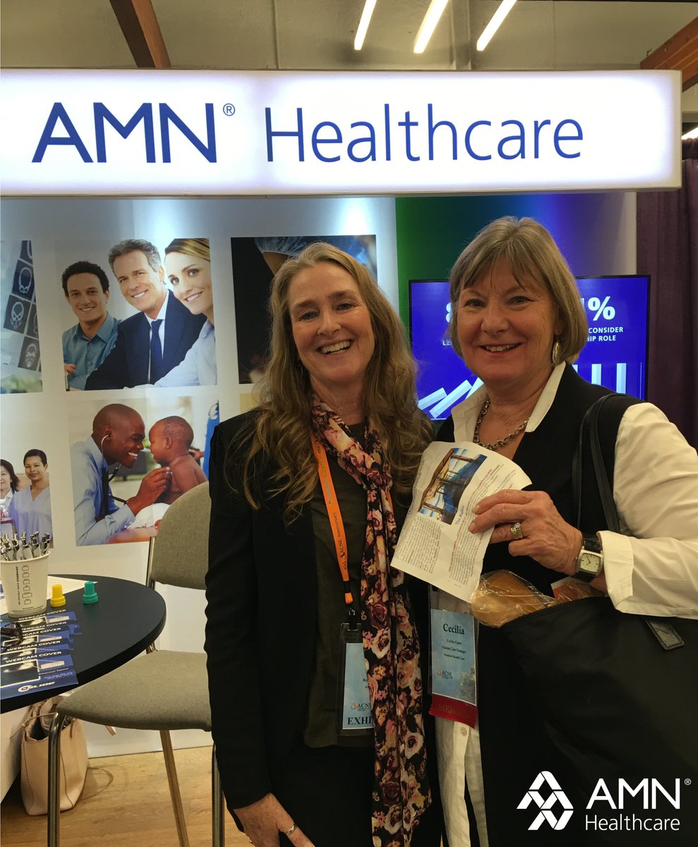AMNHealthcare's tweet photo. Joy Rogers with Celia Cadat from @StanfordHealth visiting the AMN Booth and giving a shout out to Susan Anderson for her amazing help with providing travelers to them!! #acnlconference2018 https://t.co/idZMi66WPO