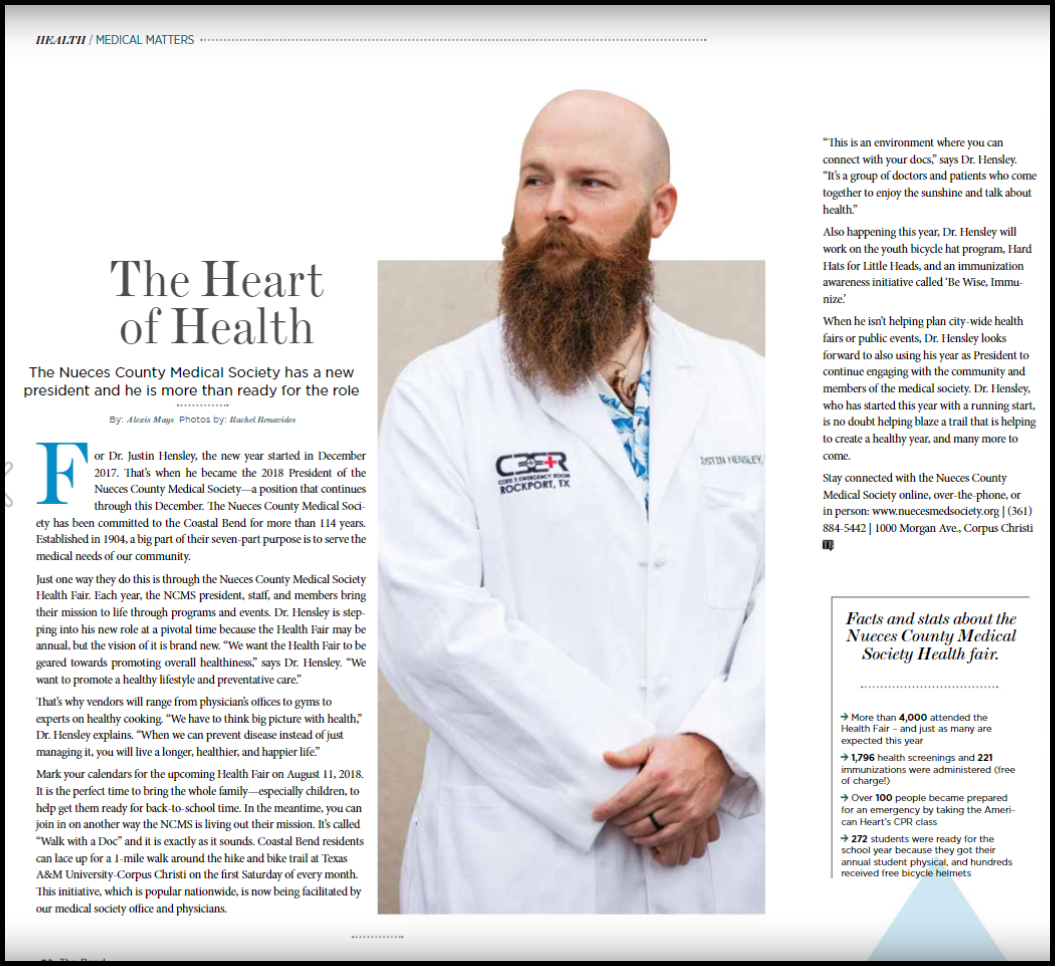 NCMS_MedSociety's tweet photo. Our 2018 NCMS President Dr. Justin Hensley featured in one of Corpus Christi's top magazines, The Bend! https://t.co/M5G7s2q2nD
#TMA
#NCMS
#TheBend
#TexasDoctors
#CorpusChristi https://t.co/66vlj5w3B3