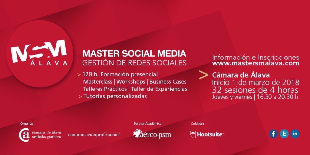 MasterSM_Alava's tweet photo. SÓLO TRES SEMANAS para III edición #Master #SocialMedia #Álava, de @camaradealava!

ARRANCAMOS el 1 de marzo💻

INFORMACIÓN y MATRÍCULA 👉🏽👉🏽https://t.co/xhDTLTrELv

#MasterSMAlava #RedesSociales #Vitoria #VitoriaGasteiz #Álava #TransformaciónDigital #Formación https://t.co/FAG6O4DZh9