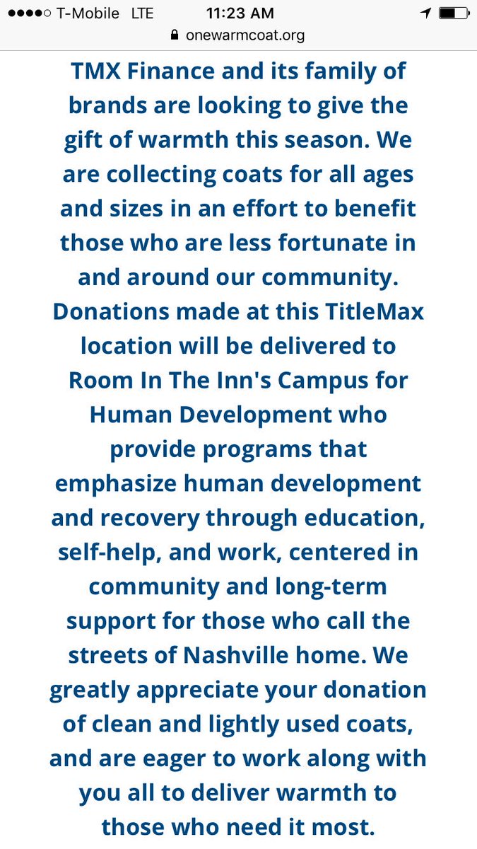 Just registered my coat drive with @onewarmcoat! Excited to help give the gift of warmth this winter. <a href="/TMXCompanies/">TMX Companies</a> <a href="/TitleMax/">TitleMax</a> #TMXFamily #TMXCares #warmamillion