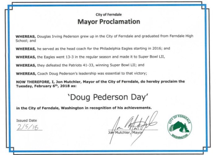 PatrickQuinnTV's tweet photo. Here it is. The Mayor's Proclamation that it's 'Doug Pederson Day' in Ferndale, Wa. https://t.co/TkaFUOjzdg