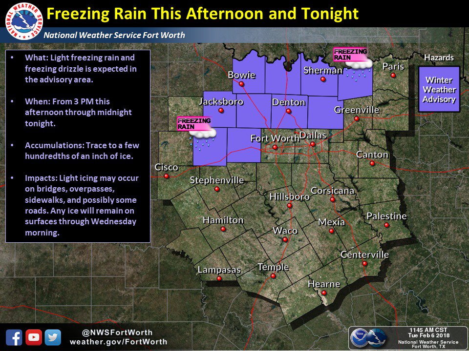 NWSFortWorth's tweet photo. Winter Weather Advisory has been expanded to include Collin, Denton, Fannin, Palo Pinto, and Parker Counties, and is in effect through midnight tonight. #txwx #dfwwx #texomawx https://t.co/lgEGuYUl5K
