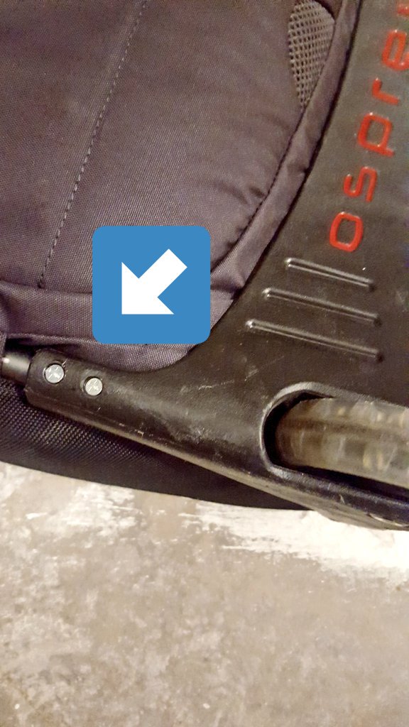 BartonDVM's tweet photo. Here's the latest repair to my @OspreyPacks #Meridian #rollaboard. Three of four screws had come out. I replaced with #6 half-inch screws and red @LoctiteGlue https://t.co/JmhnRLA5sn