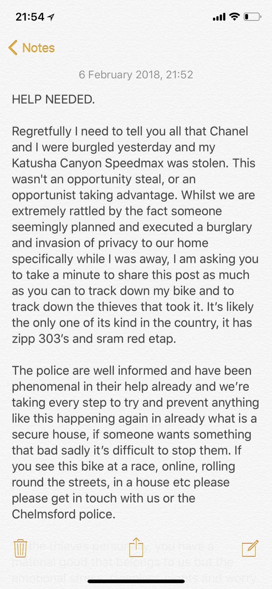 alexdowsett's tweet image. HELP NEEDED.
Regretfully I need to tell you all that Chanel and I were burgled yesterday and my Katusha Canyon Speedmax was stolen. This wasn't an opportunity steal, or an opportunist taking advantage. Please read the attached and take a min to RT and share. Regards Alex &amp;amp; Chanel