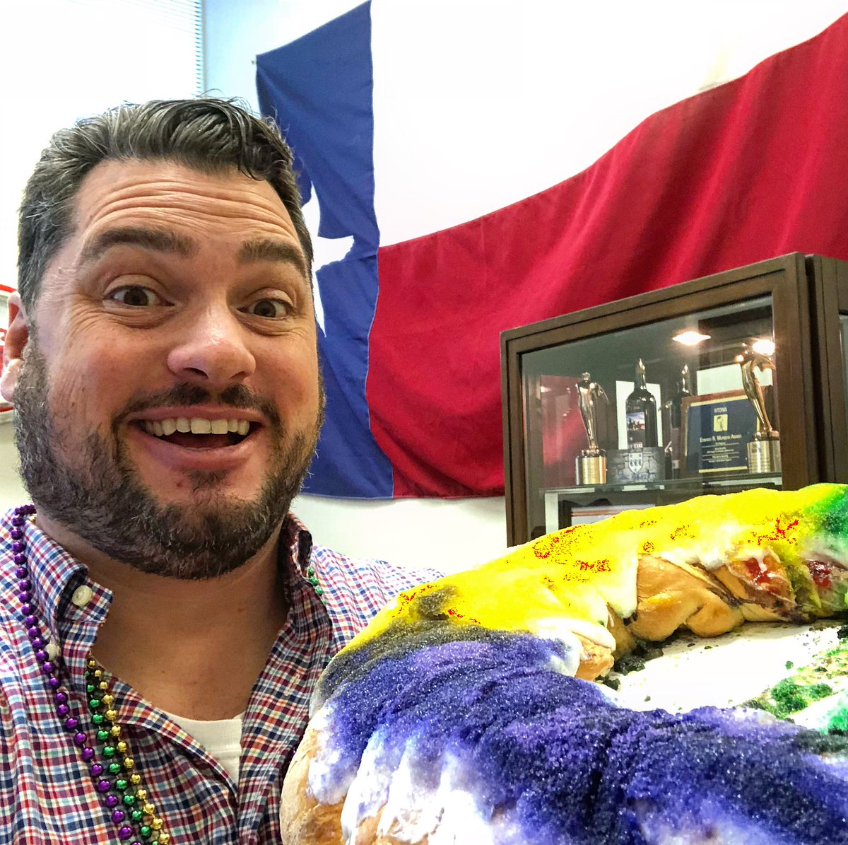 Our friends from Rao’s Bakery in Beaumont sent us a king cake to start the Mardi Gras season!  Thank y’all!!  #thetexasbucketlist #kingcake #getthecoffee #madrigras #officetreat