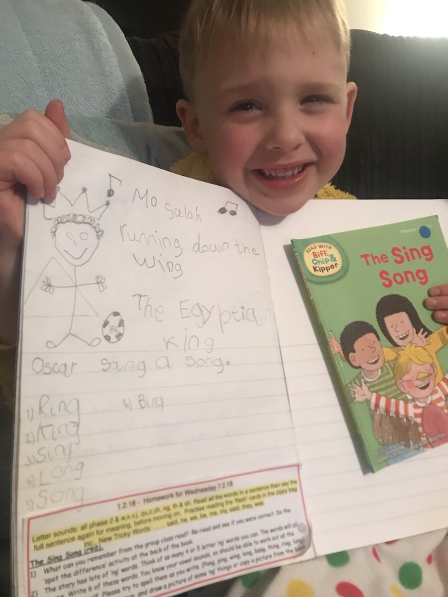 Oscar took his homework to another level tonight ⚽️❤️ ... He had to use words ending in ‘ng’ he said oh I know king. I know a song too then he came up with this #MoSalah #egyptianking @22mosalah @LfcNo10 .... he hopes salah sees this and his pyramid 🔥👑