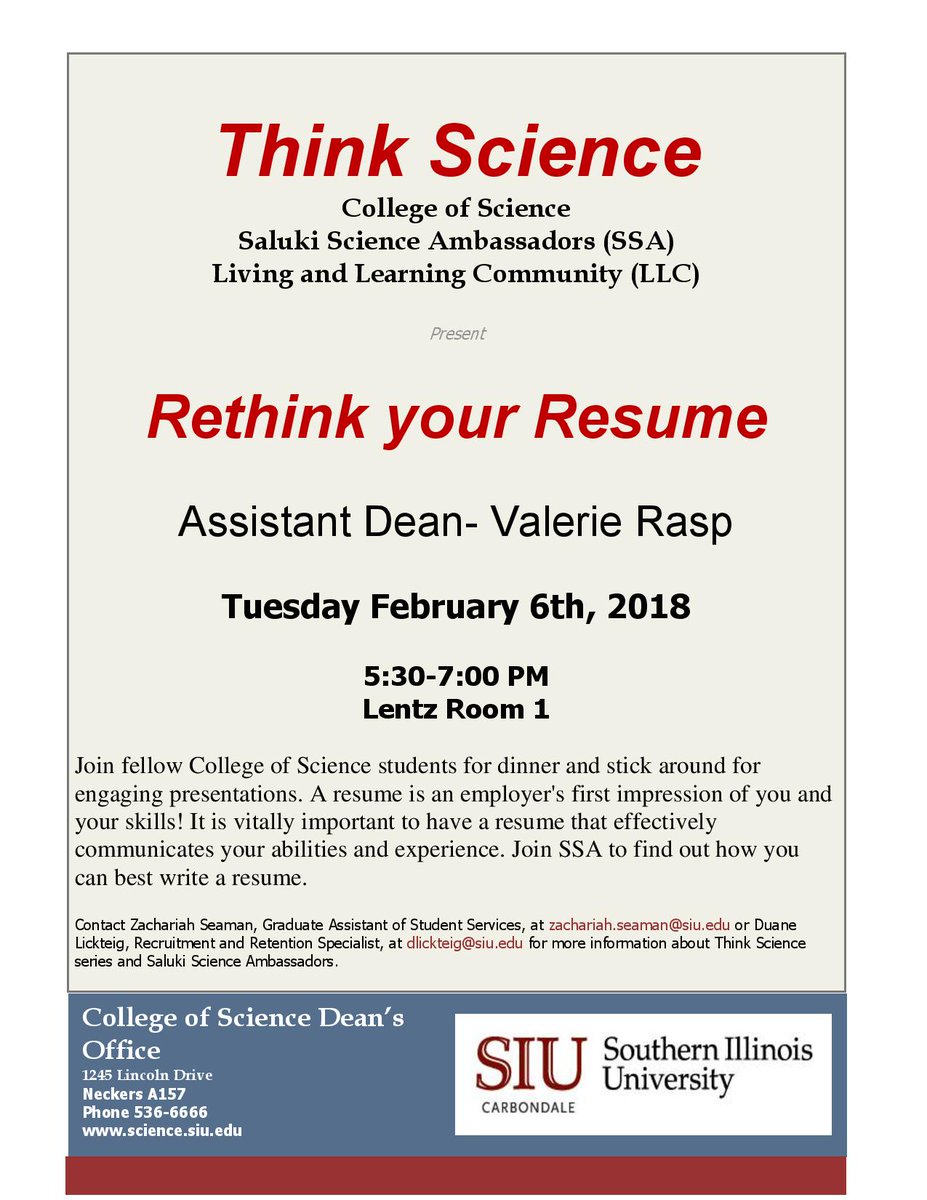 SIUC_Science's tweet photo. Need help with your Resume? SSA is hosting a Resume Workshop TONGIHT from 5:30PM-7:00PM at Lentz Dining Hall! https://t.co/jc3awnoJpe