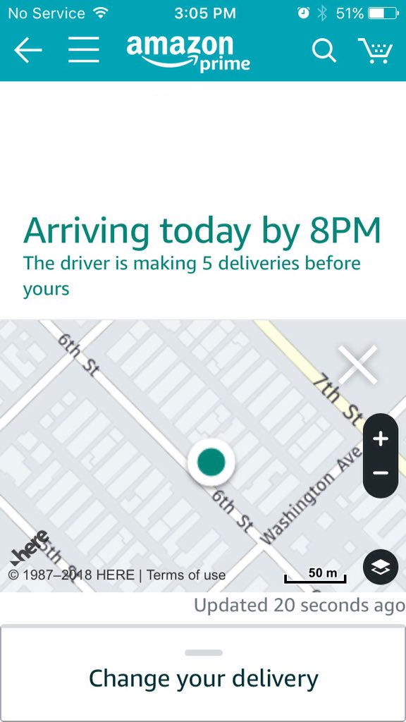 dirt_herder's tweet photo. So now, not only can I see that my order is "out for delivery", but I can also see how many stops the delivery guy has before he gets to me... and also where he is exactly???  That's some seriously #nextlevel stuff @amazon . https://t.co/bqOgSX60Td